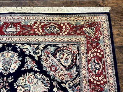 Sino Persian Rug 8x10, Floral Kirman Carpet, Navy Blue and Red, Floral Vases, Handmade Vintage Wool Carpet, 320 KPSI