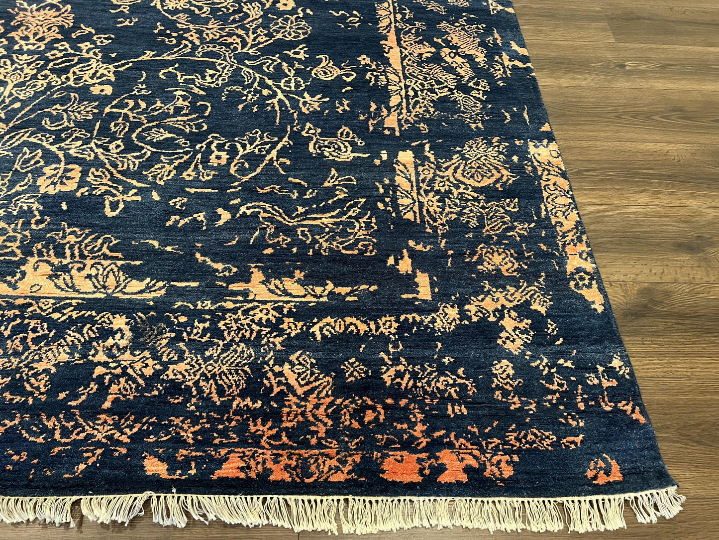 Handmade Wool Area Rug 8x10 Pakistani Oriental Blue and Gold Modern Living Room Decor