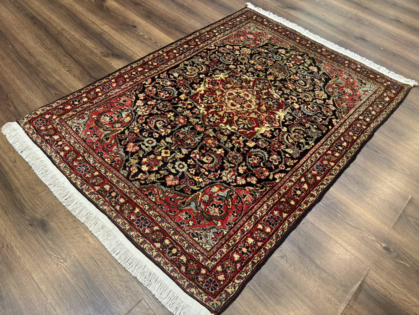 Antique Persian Sarouk Rug 4x5, Dark Blue and Red, Floral Medallion, Fine