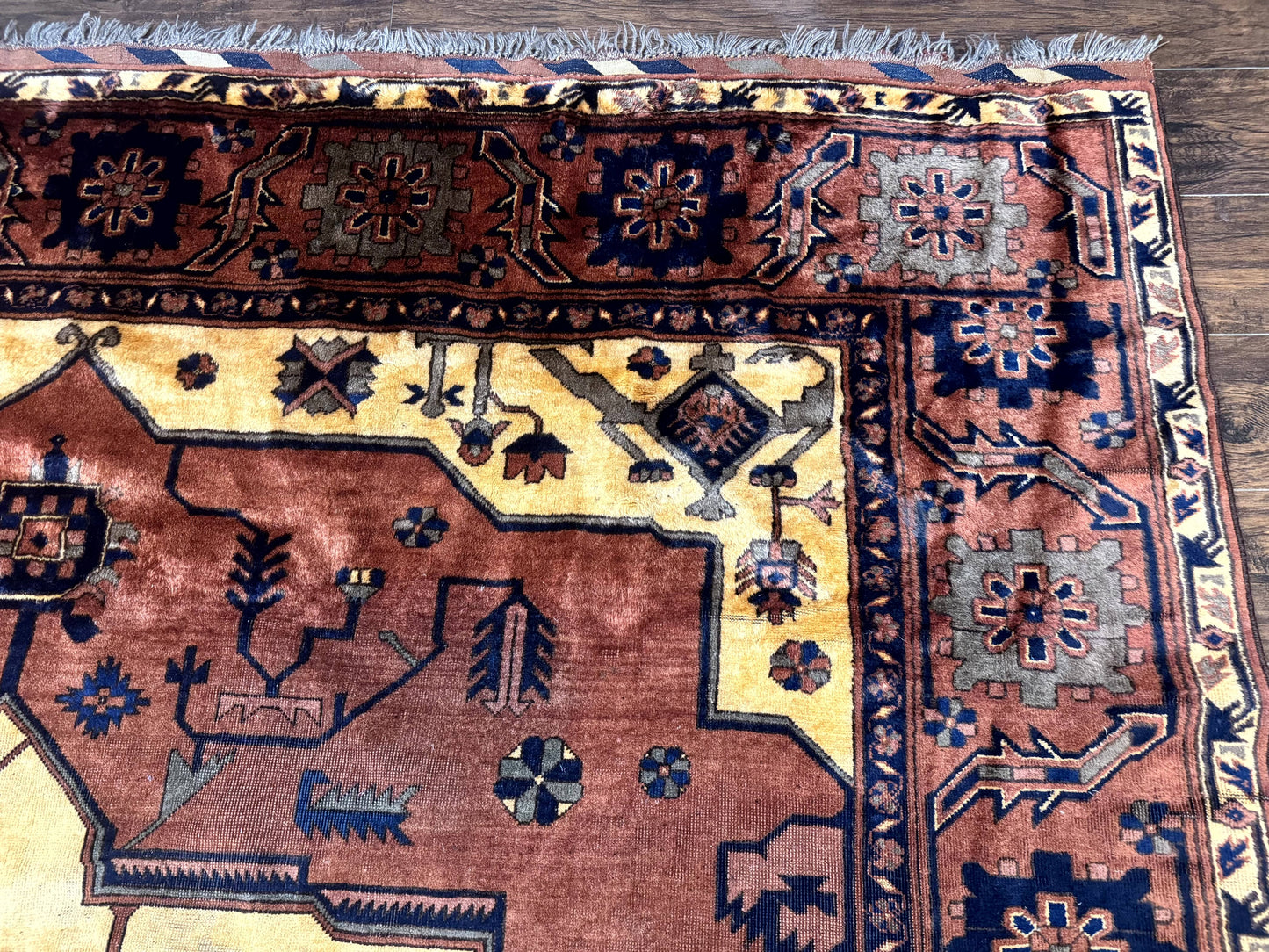 Afghan Heriz Rug 9x12 Vintage Hand Knotted Wool Carpet Tribal Geometric Serapi Rust Cream Navy