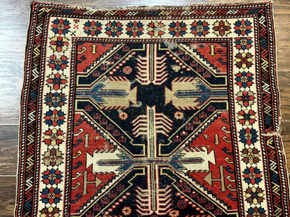 Antique Shirvan Caucasian Rug 3x5 Geometric Wool Hand Knotted Red Navy Beige