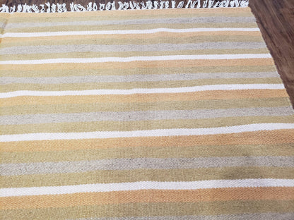 New Indian Kilim Area Rug, 6x8 - 7x8 South American Style Blanket, Striped Indian Wool Hand-Woven Flat Weave 6x9 Bedroom Rug, Ivory Ochre