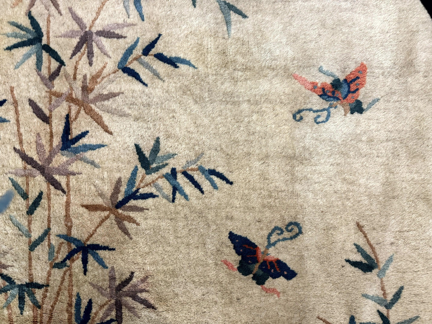 Antique Chinese Wool Rug Oval 3.9x6.7 Handmade Peking Carpet Floral Butterflies Beige