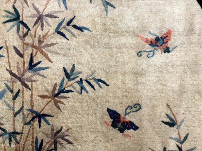 Antique Chinese Wool Rug Oval 3.9x6.7 Handmade Peking Carpet Floral Butterflies Beige