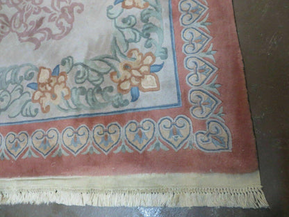 Vintage Handmade Chinese Wool Rug Floral Design 9 by 12 Feet