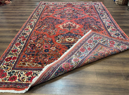 Persian Sarouk Rug 7x10 Red Ivory Floral Bouquets With Birds