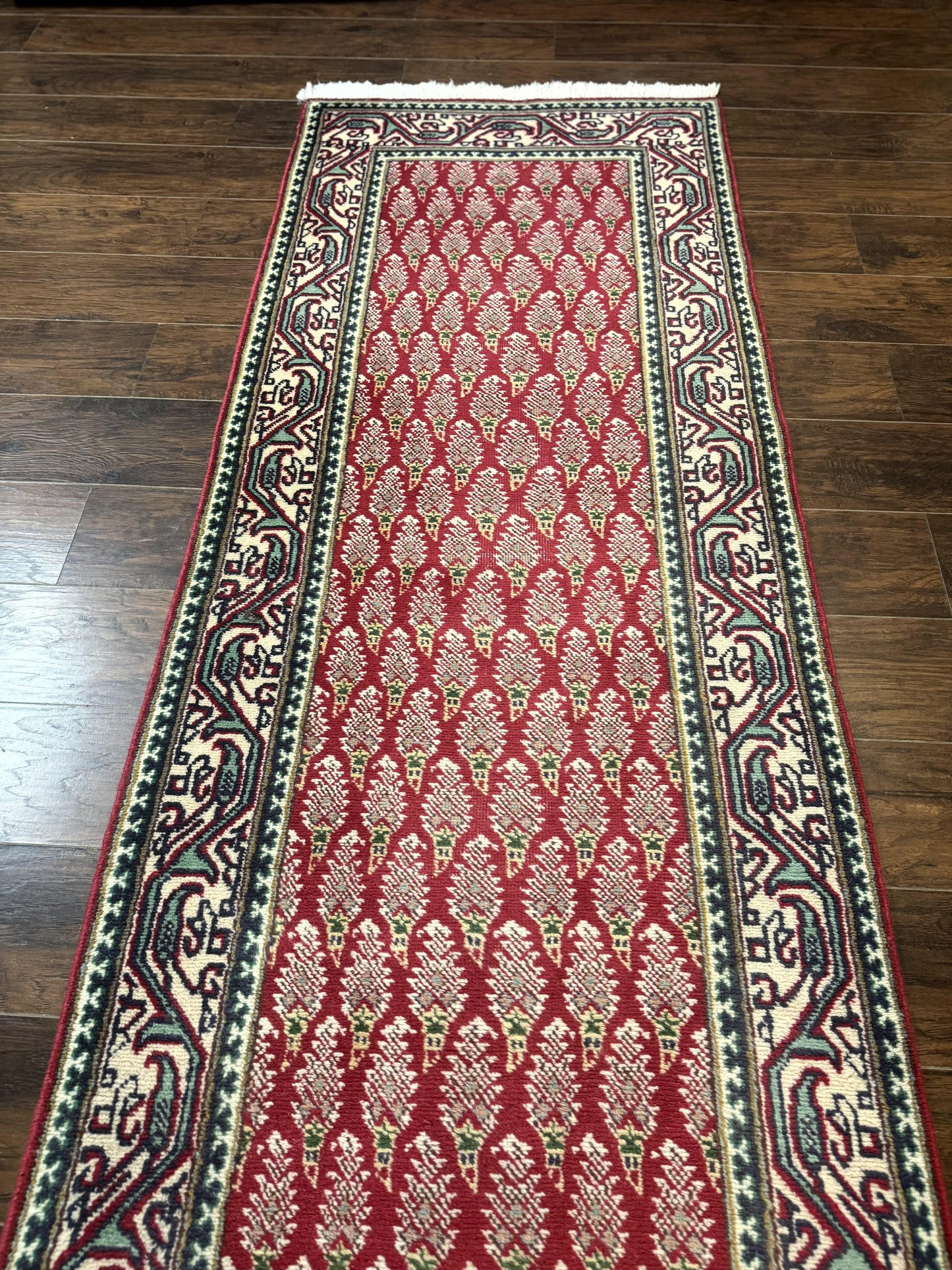 Persian Tabriz Runner Rug 3x16, Paisley Boteh Design, Red and Cream, Rug for Hallway, 16ft Wool Runner