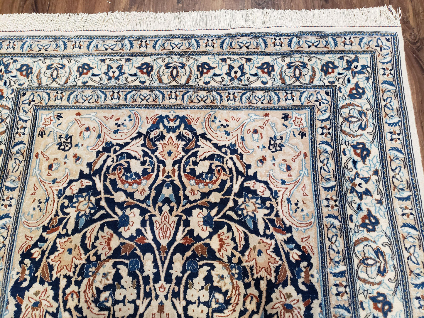 Semi Antique Persian Nain Rug Hand Knotted With Wool Silk Accents Ivory And Blue
