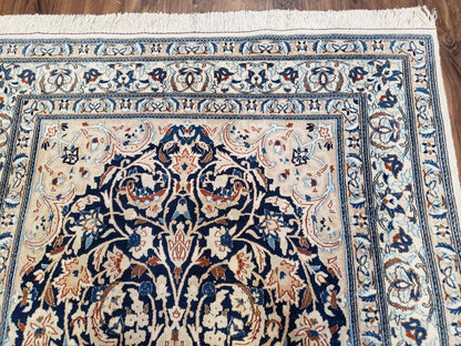 Semi Antique Persian Nain Rug Hand Knotted With Wool Silk Accents Ivory And Blue
