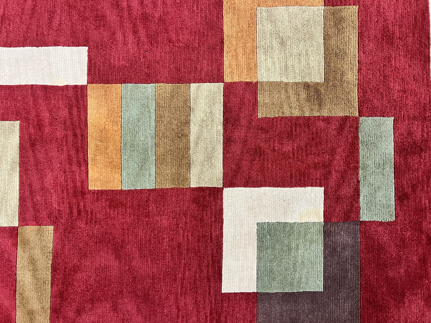 Indo Tibetan Modern Rug 5x8, Abstract Rug 5 x 8 ft, Red Multicolor Wool Handmade Contemporary Area Rug