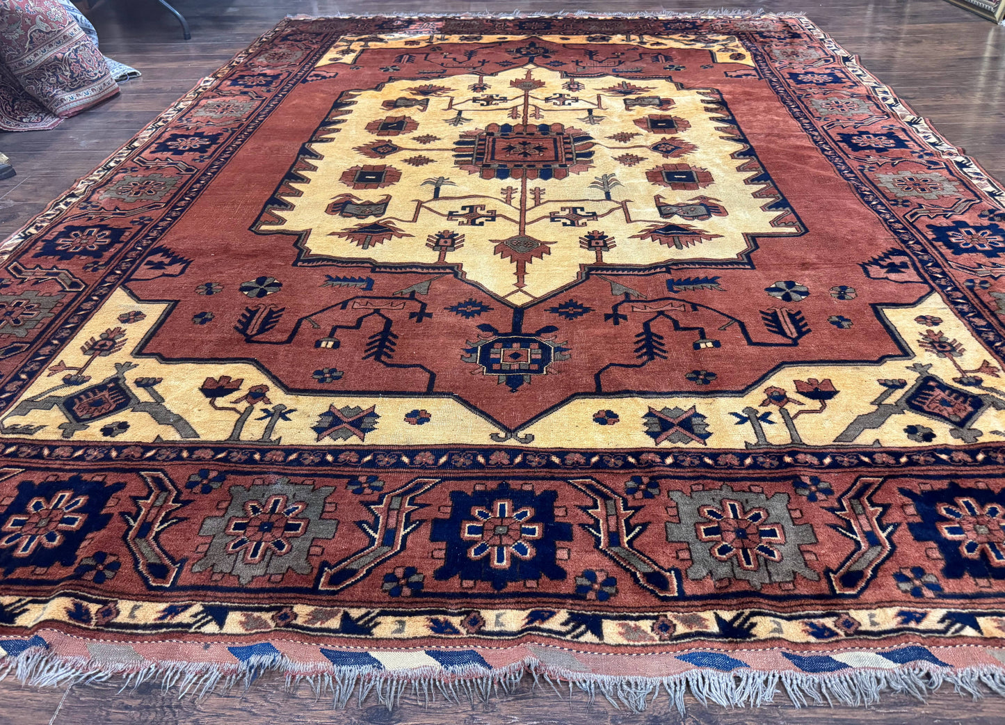 Afghan Heriz Rug 9x12 Vintage Hand Knotted Wool Carpet Tribal Geometric Serapi Rust Cream Navy
