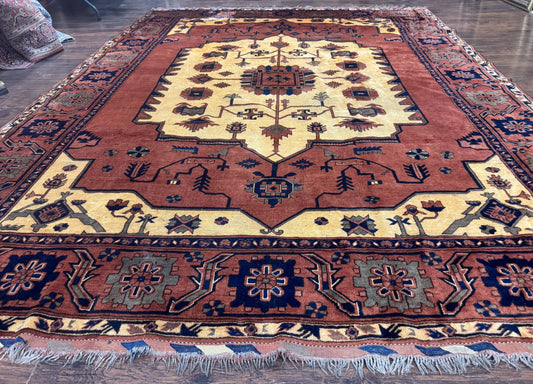 Afghan Heriz Rug 9x12 Vintage Hand Knotted Wool Carpet Tribal Geometric Serapi Rust Cream Navy