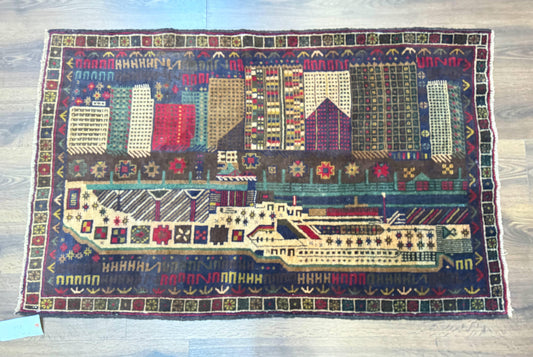Balouch Rug 3x5 Afghan City Pictorial Hand Knotted Wool Carpet