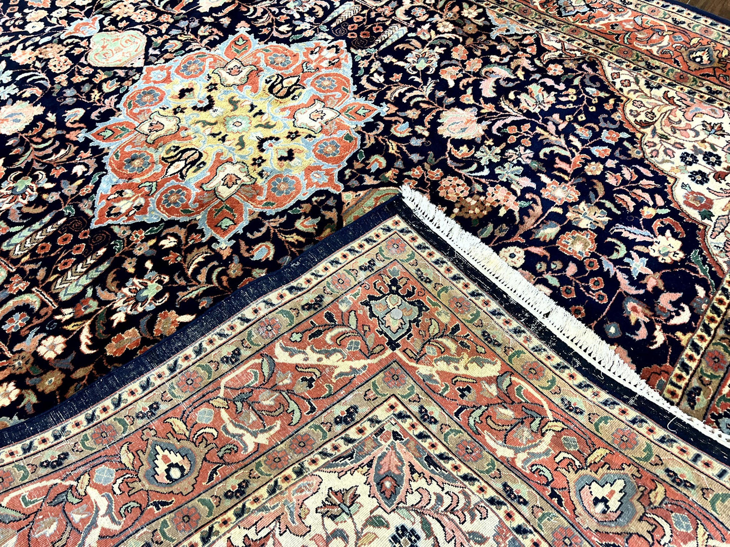 Indo Persian Rug 8x10 Handmade Wool Floral Medallion Midnight Blue Red Vintage Carpet