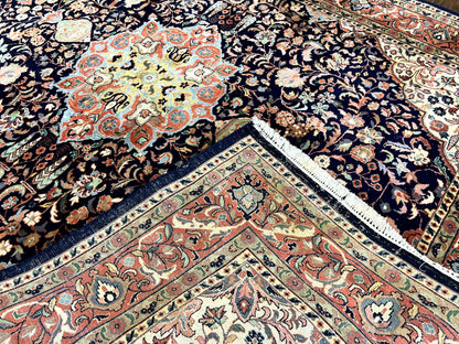 Indo Persian Rug 8x10 Handmade Wool Floral Medallion Midnight Blue Red Vintage Carpet