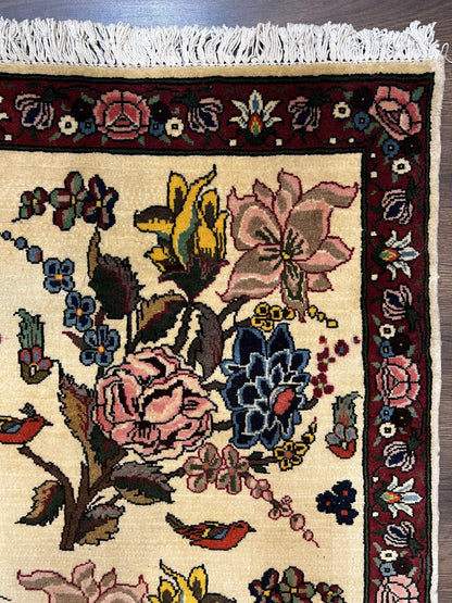 Persian Bidjar Rug 3.6 x 5 ft, Repeated Floral Motifs, Roses and Birds, Cream Burgundy, Fine Wool Oriental Bijar Carpet, Vintage Traditional Area Rug