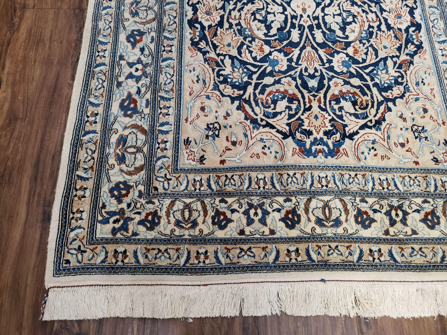 Semi Antique Persian Nain Rug Hand Knotted With Wool Silk Accents Ivory And Blue