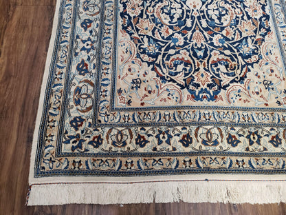 Semi Antique Persian Nain Rug Hand Knotted With Wool Silk Accents Ivory And Blue