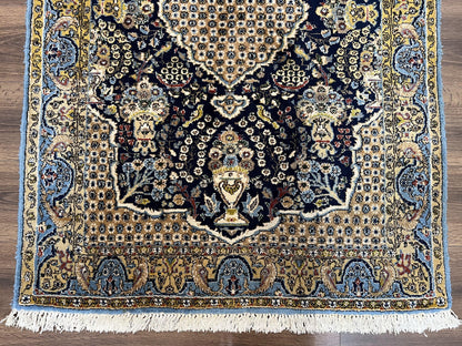 Fine Persian Qum Rug 3x5, Semi Antique Vintage Oriental Ghom Carpet, Floral Medallion, Highly Detailed, Hand Knotted, Navy Blue, Wool Area Rug, Birds