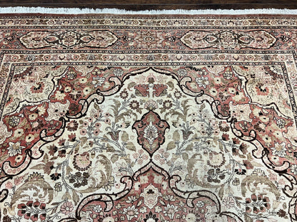 Antique Persian Tabriz Rug 10x12 Hand Knotted Wool Carpet Floral Medallion Beige and Light Red