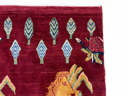 Handmade Wool Rug 3x5 Vintage Lion Pictorial Jungle Rug With Natural Dyes