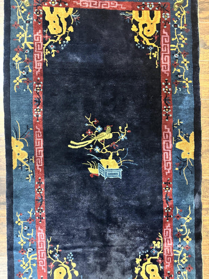 Antique Peking Rug 3x6 Handmade Wool Bird Motif Blue Chinese Legacy Carpet
