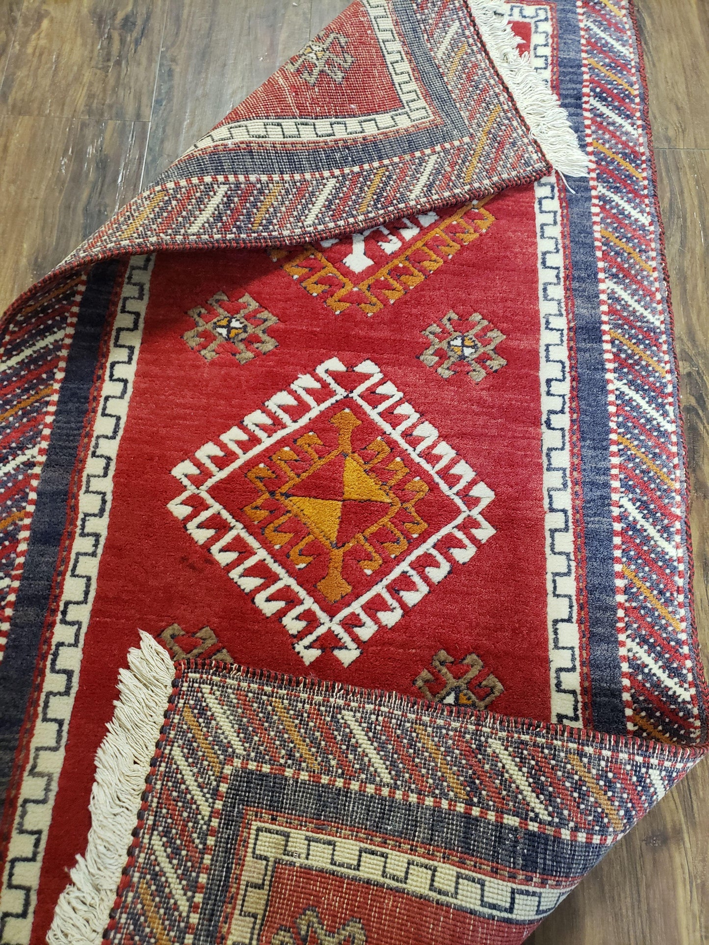 Vintage Turkish Kazak Rug 2.5 by 5 Red Wool Runner With Medallions Geometric Pattern