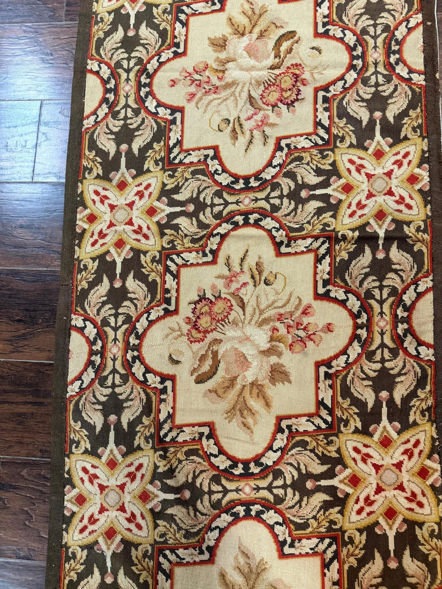 Needlepoint Runner Rug 2.7 x 9.7, European French Design, Wool, Handmade, Vintage