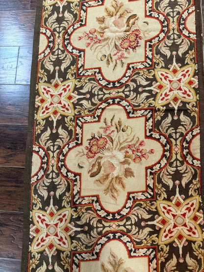 Needlepoint Runner Rug 2.7 x 9.7, European French Design, Wool, Handmade, Vintage