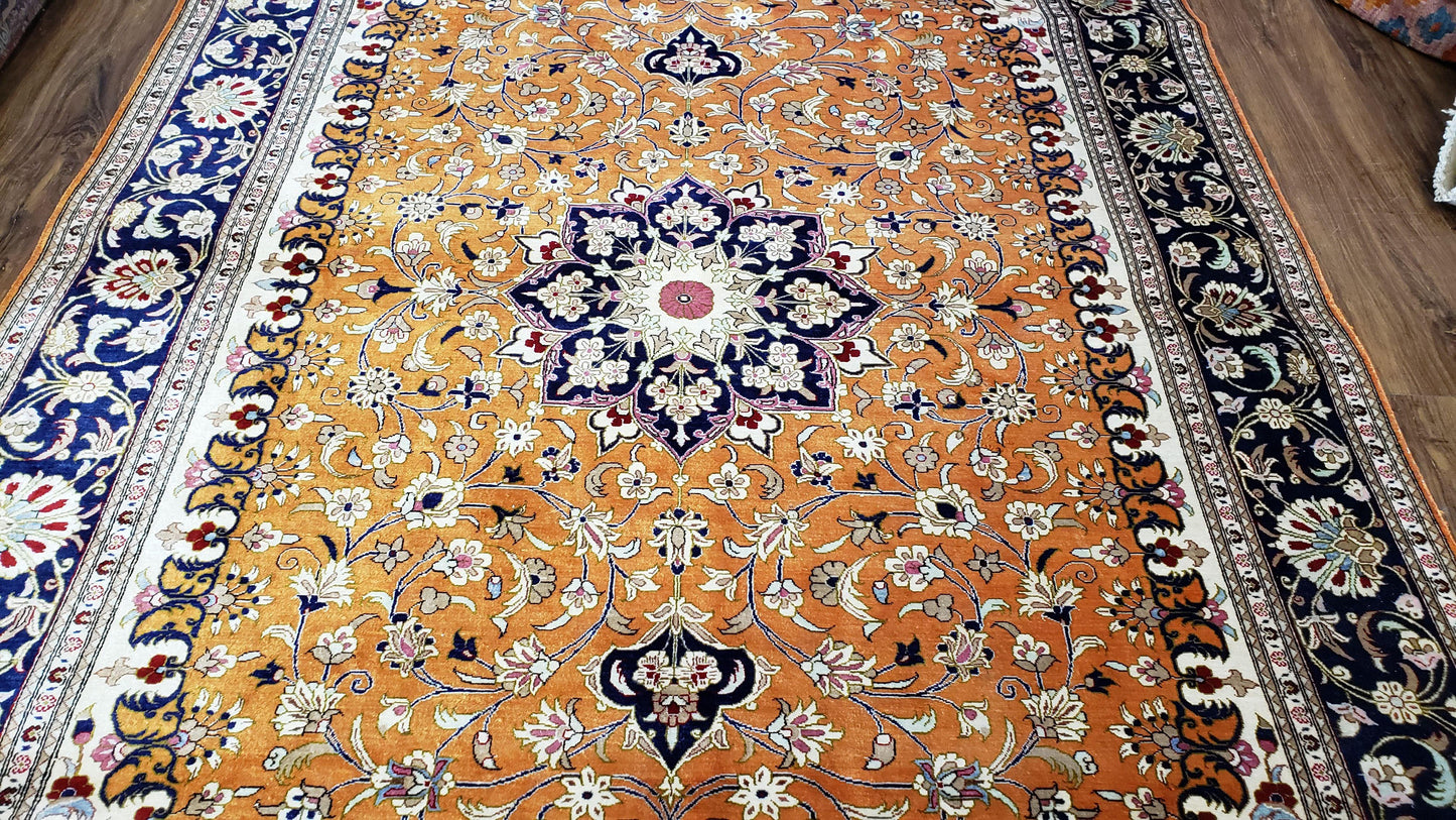 Vintage Persian Qum Silk Rug 4.6x6.7 Burnt Orange Navy Blue Antique Oriental Signature Master Weaver 350 KPSI
