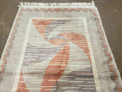 Handmade Chinese Accent Rug 3x5 Silk On Cotton Abstract Contemporary Design Beige And Orange