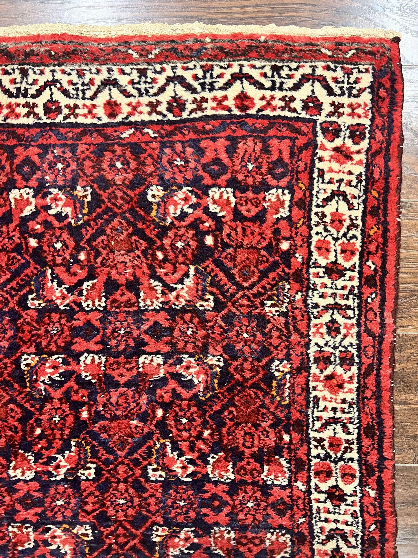 Persian Tribal Runner 3 x 9, Hamadan Dargazin Rug, Dark Blue and Red Wool Hand Knotted Hallway Rug, Vintage Antique Oriental Runner, 9ft Long Runner, Herati