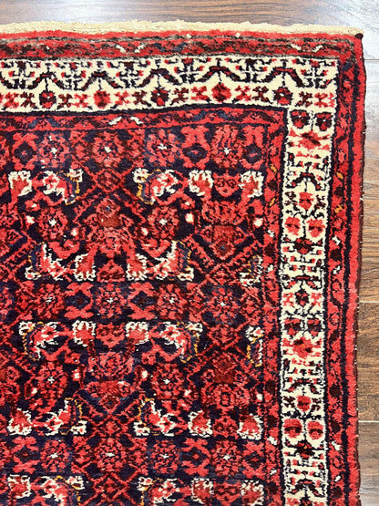 Persian Tribal Runner 3 x 9, Hamadan Dargazin Rug, Dark Blue and Red Wool Hand Knotted Hallway Rug, Vintage Antique Oriental Runner, 9ft Long Runner, Herati