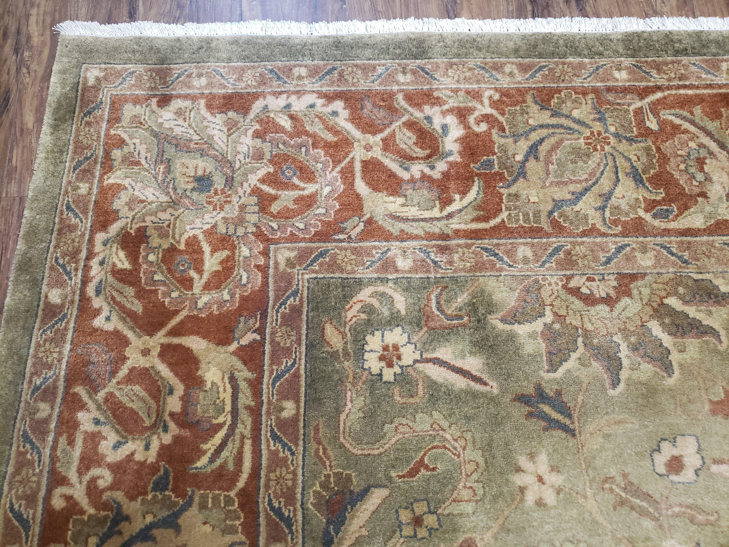 Vintage Indo Mahal Area Rug 9x12, Wool Hand-Knotted Laurel Green & Auburn Indian Carpet, 9 x 12 Floral Carpet, Living Room Rug