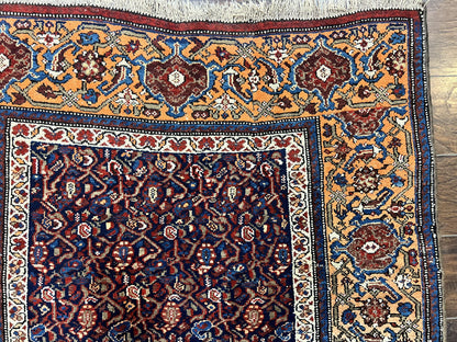 Persian Senneh Rug 4x8 Wool Hand Knotted Antique Kurdish Carpet Navy Blue Oriental Area Rug