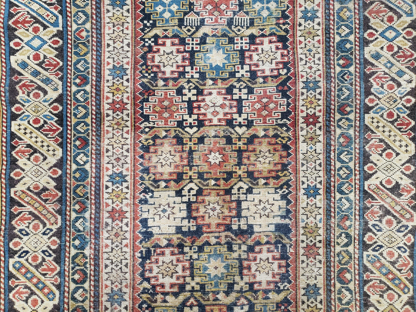 Caucasian Rug Hand Knotted 3 Ft 9 In By 5 Ft 7 In Antique 1920s Chi Chi Carpet Wool Colorful Dark Blue Cream Red