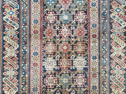 Caucasian Rug Hand Knotted 3 Ft 9 In By 5 Ft 7 In Antique 1920s Chi Chi Carpet Wool Colorful Dark Blue Cream Red