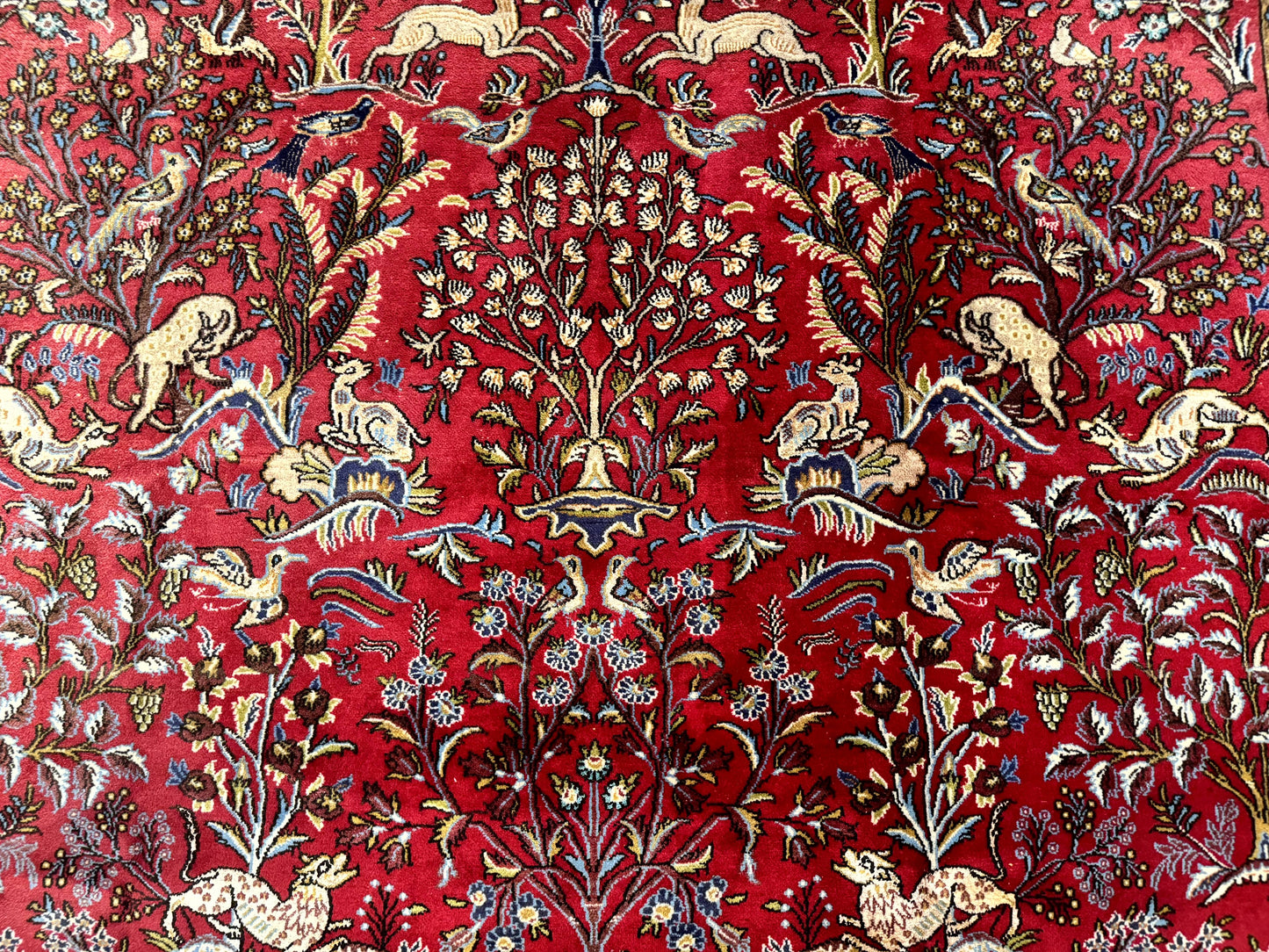 Persian Qum Rug 9x12 Tree of Life Pictorial With Deer Birds Floral In Red And Navy