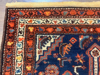 Persian Hamadan Rug 4x6 Antique Navy Blue Geometric Double Medallions Tribal Carpet