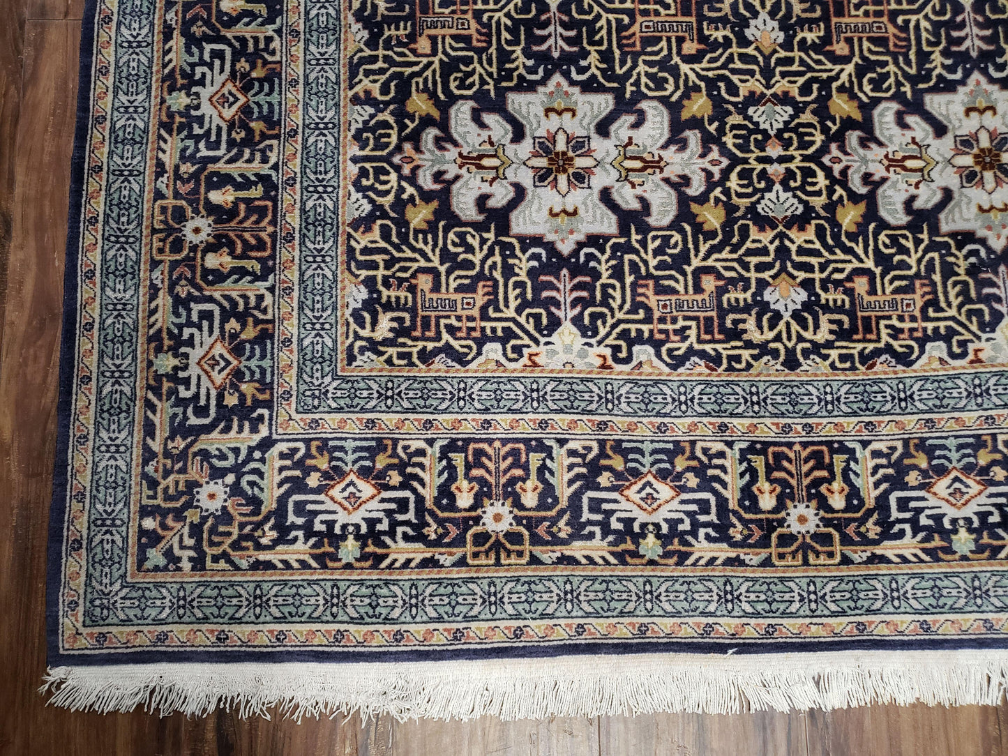 Persian Kashan Rug Hand Knotted Wool Navy Blue