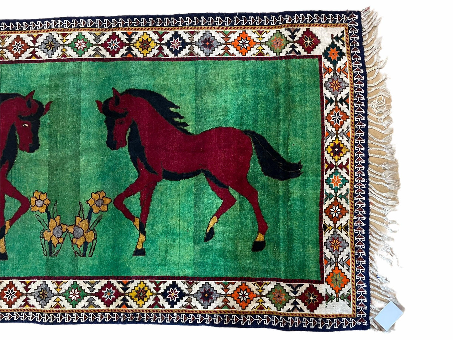 Handmade Wool Pictorial Horses Rug 4x7 Green Butterfly Colorful