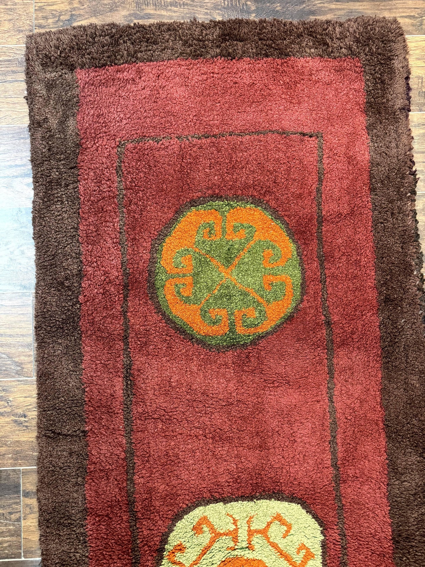 German Hooked Runner Rug 3x8, Vintage, Red, Wool