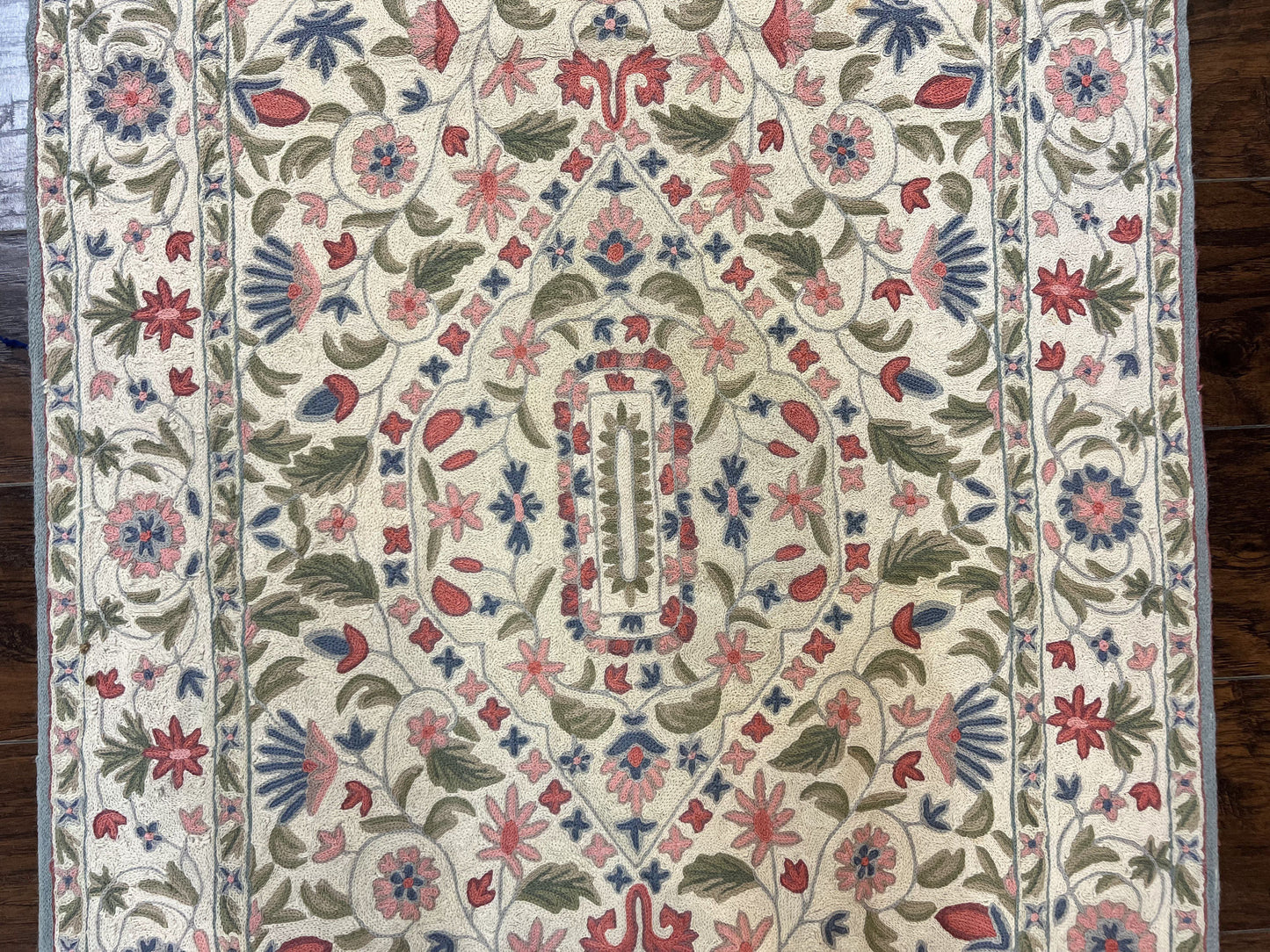 Hand Stitched Indian Rug Floral Vintage Wool Area Rug 4x5 Hand Embroidered