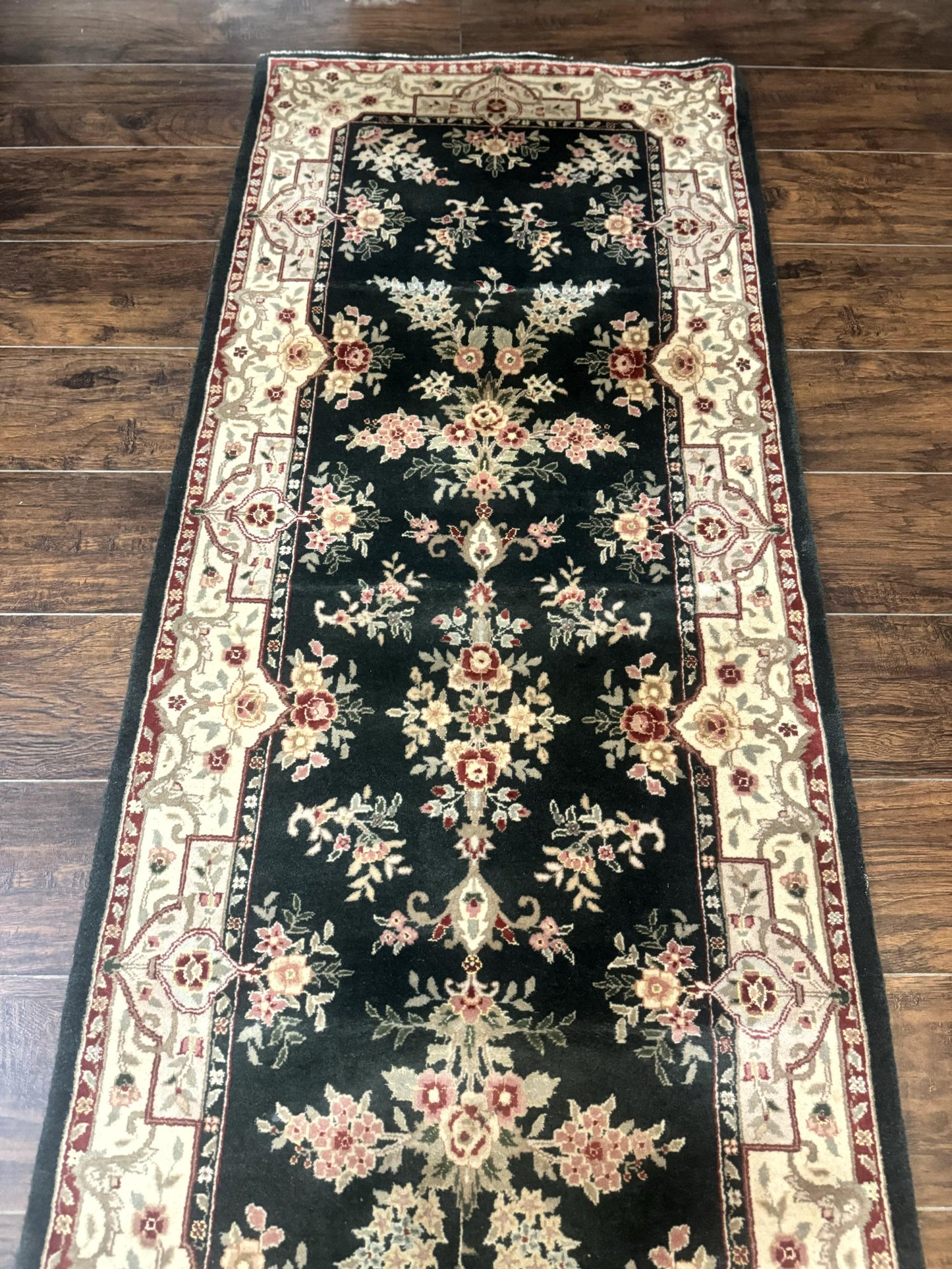 Long Pak Persian Runner Rug 2.7 x 21, Floral Allover, Dark Green and Beige, Handmade Wool Runner Rug, 21ft Runner for Hallway