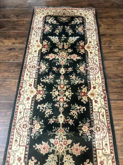 Long Pak Persian Runner Rug 2.7 x 21, Floral Allover, Dark Green and Beige, Handmade Wool Runner Rug, 21ft Runner for Hallway