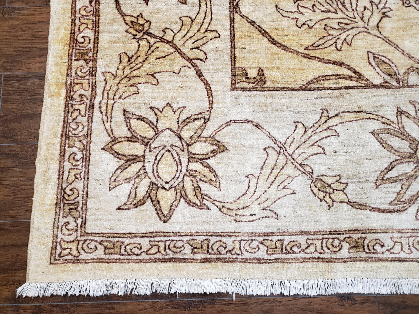 Oversized Peshawar Chobi Oushak Area Rug 11.6 x 12.5, Wool Hand-Knotted Light Gold & Ivory Decorative Pakistani Floral Carpet, 11x12 - 12x13