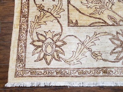 Oversized Peshawar Chobi Oushak Area Rug 11.6 x 12.5, Wool Hand-Knotted Light Gold & Ivory Decorative Pakistani Floral Carpet, 11x12 - 12x13