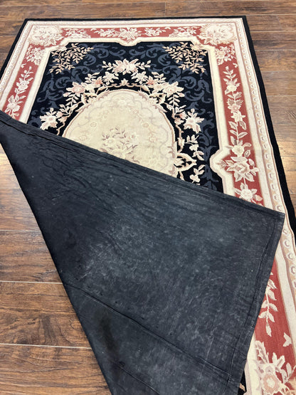 Needlepoint Rug 5x8 Wool Handmade Vintage European Aubusson Flatweave Rug Black and Maroon