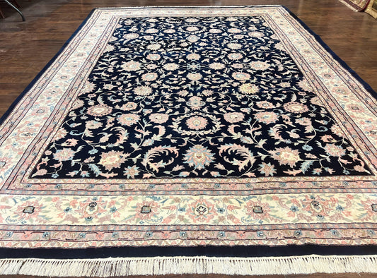 Indo Persian Rug 9x12 Wool Handmade Floral Allover Navy Ivory Vintage Carpet