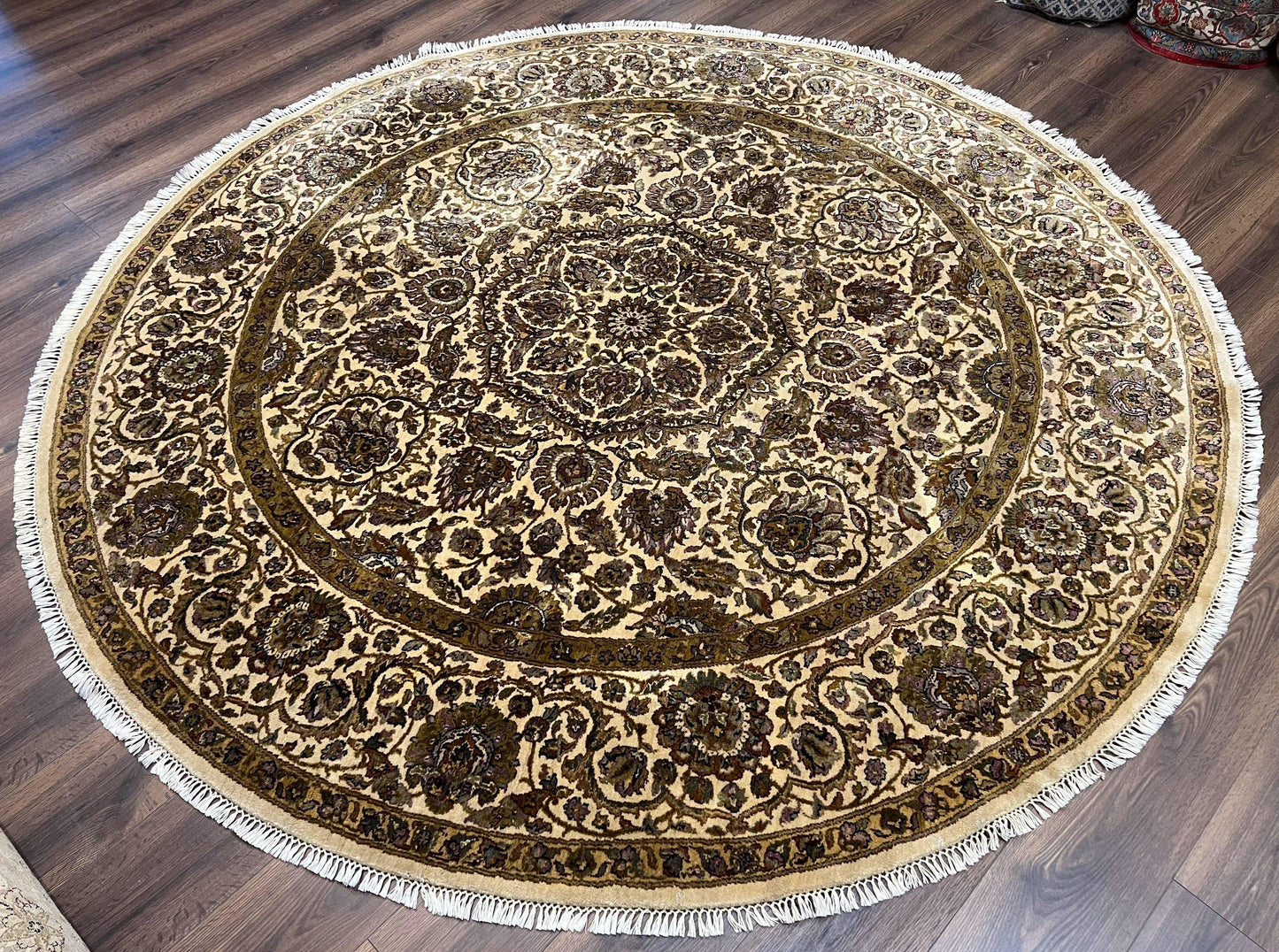 Round Indo Persian Rug 8 by 8 ft Hand Knotted Vintage Wool Circular Carpet Floral Medallion Cream and Green